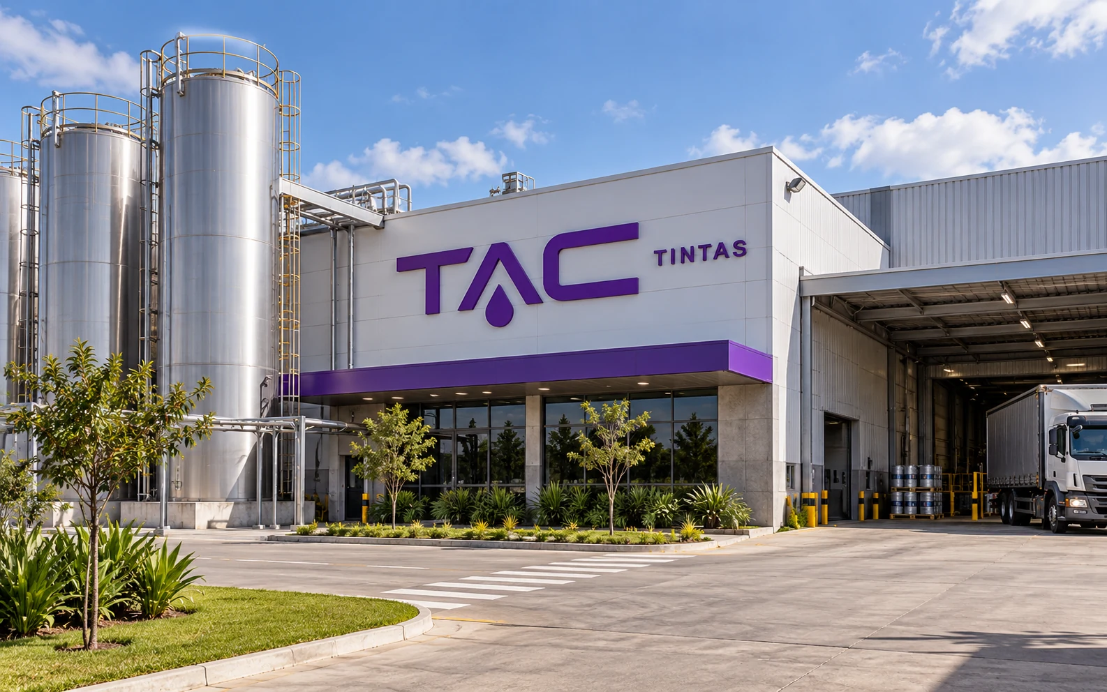 Representação ilustrativa de fábrica de revestimentos com a marca TAC Tintas