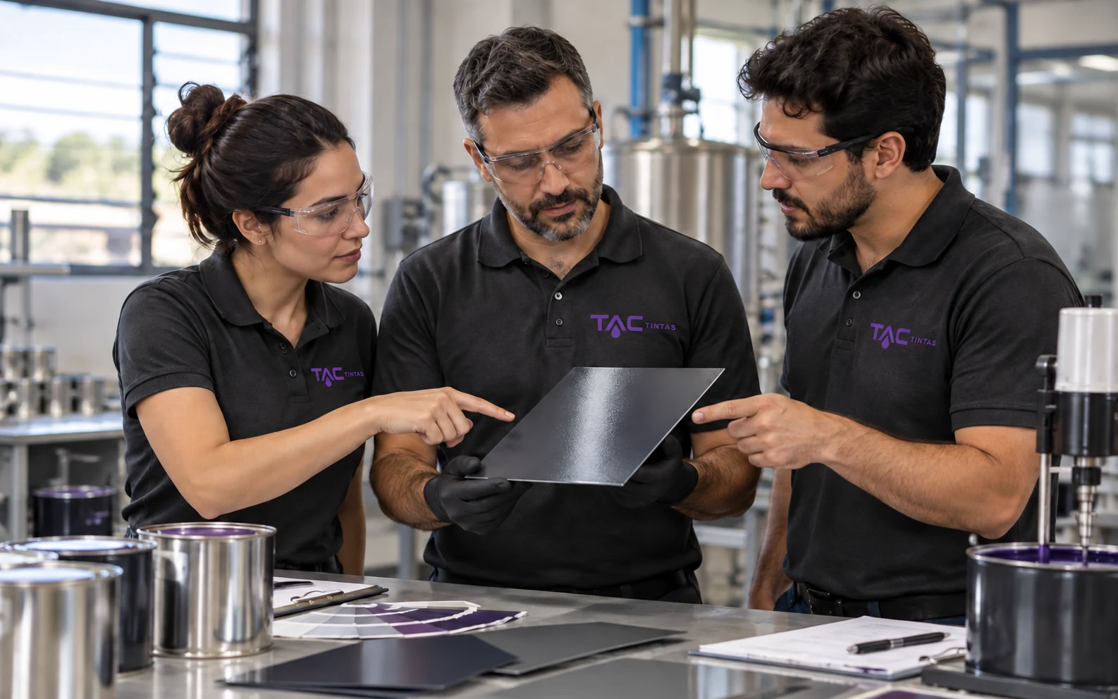 Equipe técnica analisando revestimento industrial (imagem ilustrativa)